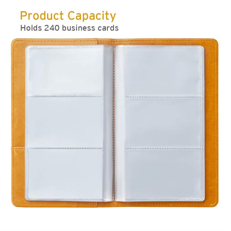 Sooez Leather Professional Business Card Book Holder Organizer, 240 Capacity Credit Card Booklet, PU Name Cards Holder Storage File for Men Women, Orange - Image 3